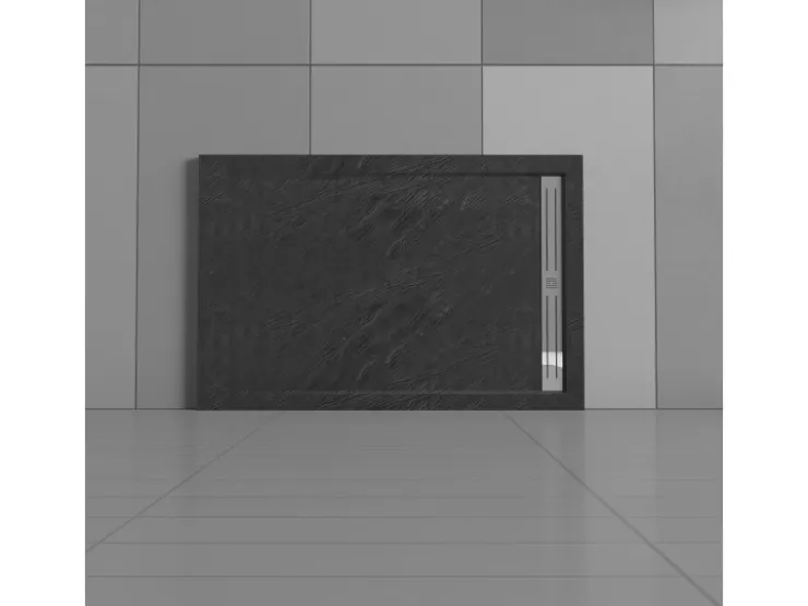Abläufe|Steine^AICA 90x110x3cm Rechteck Duschtasse mit Ablaufgarnitur Schwarz Stein-Effekt Duschwanne