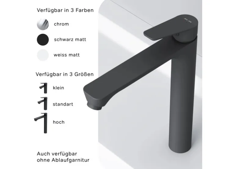 Abläufe^AM.PM Waschtischarmatur Hoch mit Klick-Ablaufgarnitur Hit Wasserhahn Bad, Mischbatterie FTA92222 Schwarz