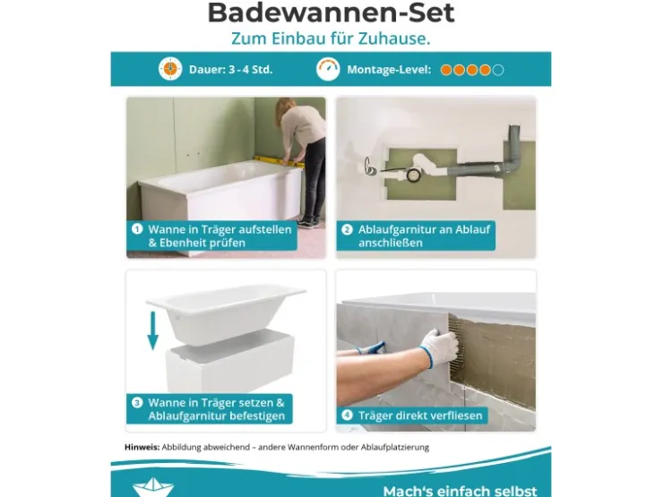 Abläufe^Calmwaters Rechteckwanne Modern Square 170x75 cm Set Wannenträger & Ablaufgarnitur 99000165