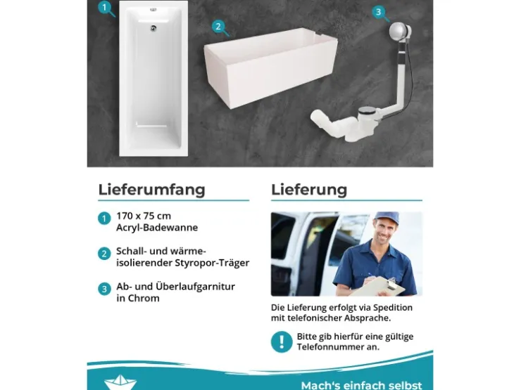 Abläufe^Calmwaters Rechteckwanne Modern Square 170x75 cm Set Wannenträger & Ablaufgarnitur 99000165