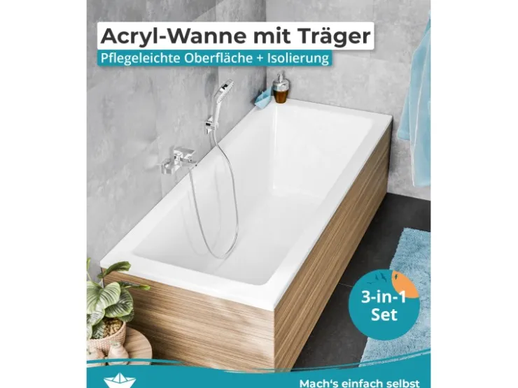 Abläufe^Calmwaters Rechteckwanne Modern Square 170x75 cm Set Wannenträger & Ablaufgarnitur 99000165
