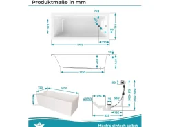 Abläufe^Calmwaters Rechteckwanne Modern Square 170x75 cm Set Wannenträger & Ablaufgarnitur 99000165