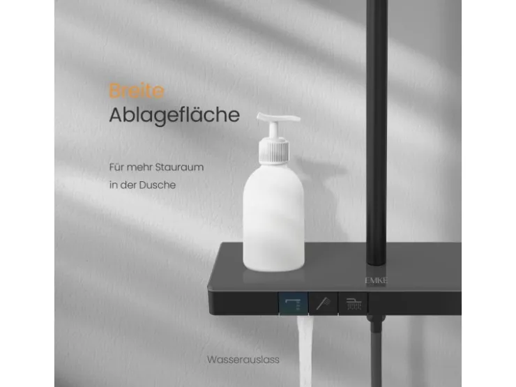 Abläufe^Emke Duschsystem mit Thermostat Mattschwarz Regendusche 3 Wasserstrahlarten Handbrause und Regendusche