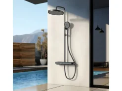 Abläufe^Emke Duschsystem mit Thermostat Mattschwarz Regendusche 3 Wasserstrahlarten Handbrause und Regendusche