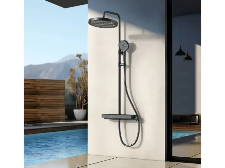 Abläufe^Emke Duschsystem mit Thermostat Mattschwarz Regendusche 3 Wasserstrahlarten Handbrause und Regendusche