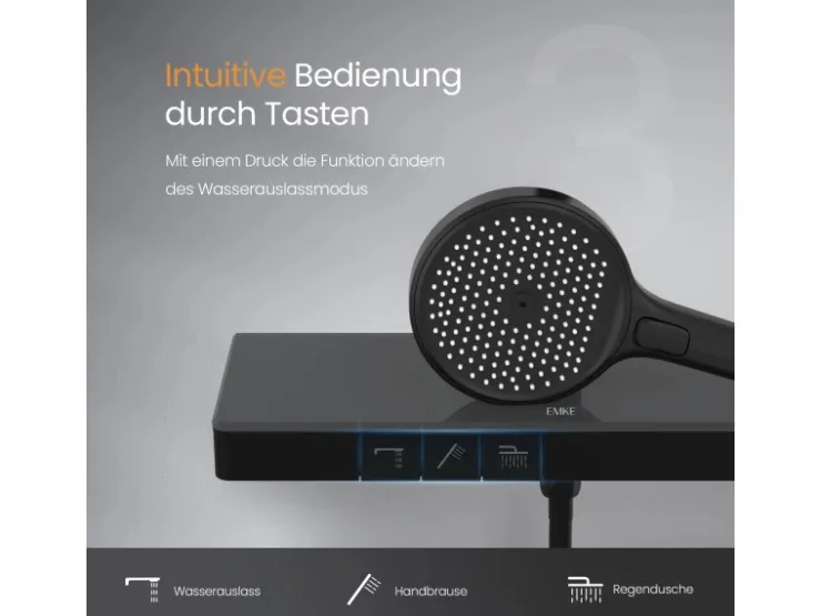 Abläufe^Emke Duschsystem mit Thermostat Mattschwarz Regendusche 3 Wasserstrahlarten Handbrause und Regendusche