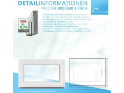 Framelux Kunststofffenster^Kunststofffenster Proline 3-Fach Verglasung 800 x 600 mm Rechtsanschlag Anthrazit
