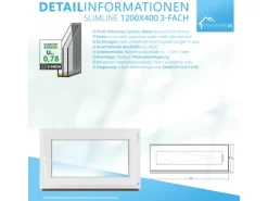 Kunststofffenster*Framelux Kunststofffenster Slimline 3-Fach Verglasung 1200 x 400 mm Rechtsanschlag Anthrazit