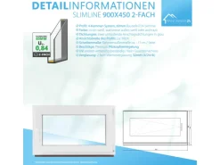Kunststofffenster*Framelux Kunststofffenster Slimline 2-Fach Verglasung 900 x 450 mm Rechtsanschlag Anthrazit