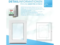 Framelux Kunststofffenster^Kunststofffenster Proline 3-Fach Verglasung 600 x 700 mm Rechtsanschlag Weiß
