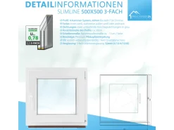 Kunststofffenster*Framelux Kunststofffenster Slimline 3-Fach Verglasung 500 x 500 mm Linksanschlag Anthrazit