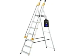 Handläufe*PROREGAL Stufenstehleiter mit Werkzeugablage & Handlauf Economy Basic Einseitig Begehbar 7 Stufen Arbeitshöhe 3,40 m Traglast 150 kg